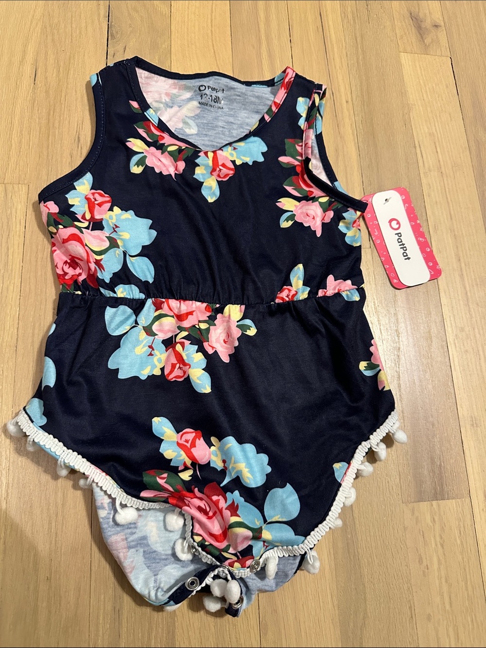 PatPat Navy Floral Pom-Trim Baby One-Piece
